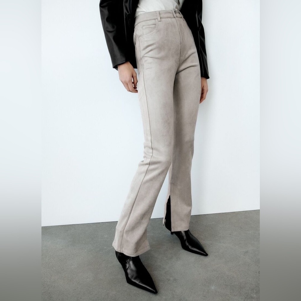 Zara Slim Gray Faux Suede Slit Flare 5-Pocket Pants